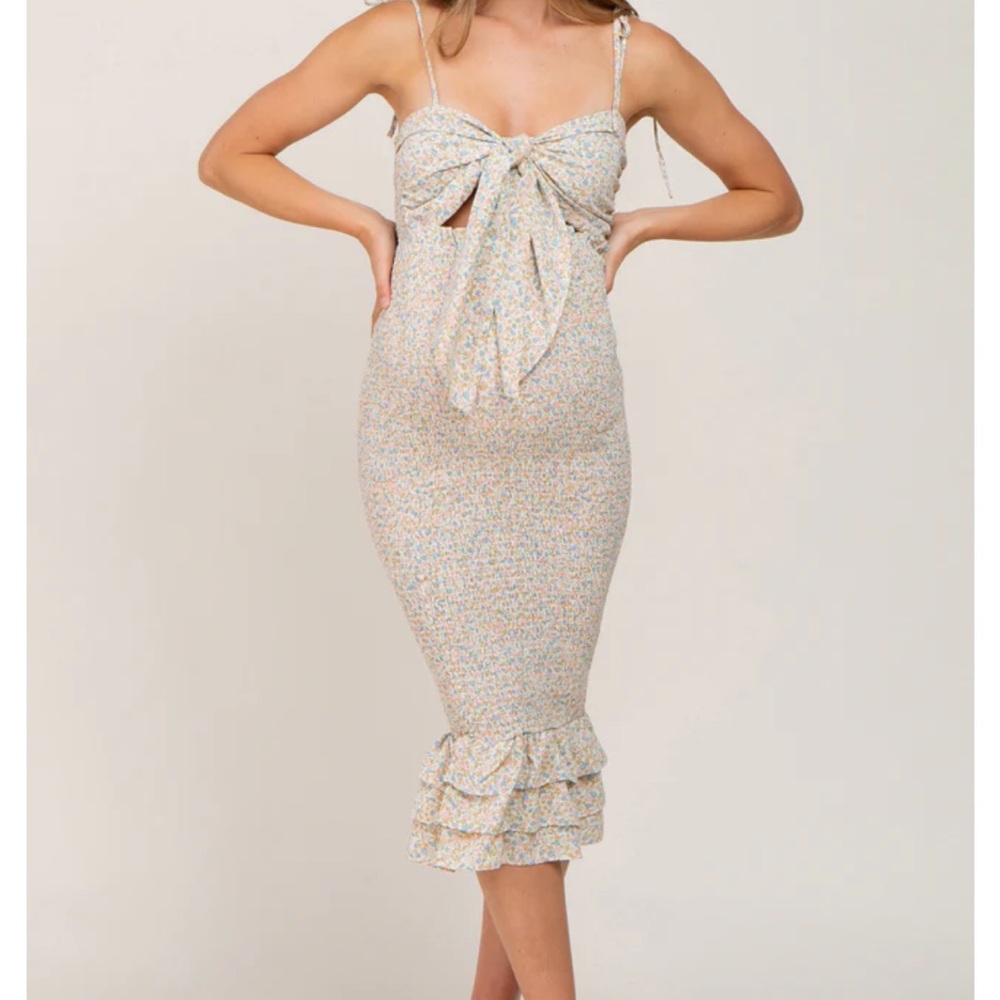 Pinkblush Maternity Blue Floral Front Tie Cutout Smocked Maternity Midi Dress